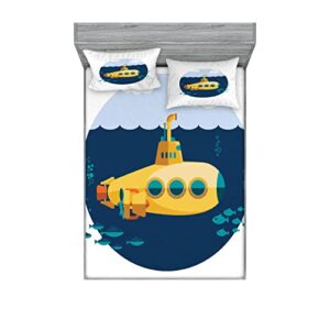 ambesonne yellow submarine fitted sheet & pillow sham set, nautical theme submarine with bubbles fish underwater and waves sky, decorative printed 6 piece bedding decor, calking, multicolor