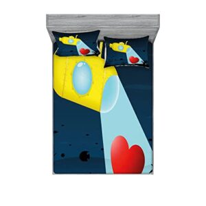 Ambesonne Yellow Submarine Fitted Sheet & Pillow Sham Set, Illustration of a Underwater Submarine Finding a Heart Romance Image, Decorative Printed 6 Piece Bedding Decor, Calking, Yellow Dark Blue