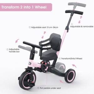 newyoo Toddler Tricycle,Toddler Bike,Birthday Gifts and Toys for 1-3 Year Old Boys and Girls, Trike with Push Handle, Backrest and Safety Belt, Balance Bike, TR007, Pink