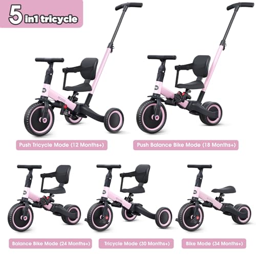 newyoo Toddler Tricycle,Toddler Bike,Birthday Gifts and Toys for 1-3 Year Old Boys and Girls, Trike with Push Handle, Backrest and Safety Belt, Balance Bike, TR007, Pink