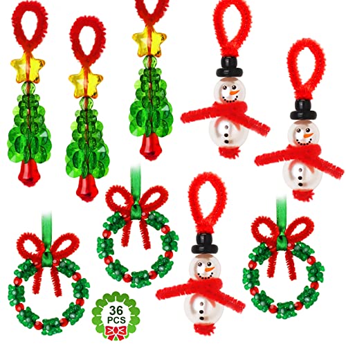 GYGOT Christmas Crafts for Kids,36 Sets Christmas Beaded Ornament Kit-Including 12 PCS Snowman/12 PCS Christmas Tree/12 PCS Wreath,Xmas Party Holiday Craft Tree Decorations (Assembly Needed)