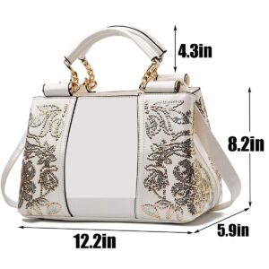 XingChen Women Patent Leather Fashion Handbags Double Sided Sequin Embroidery Shoulder Bag Top Handle Satchel Purse White