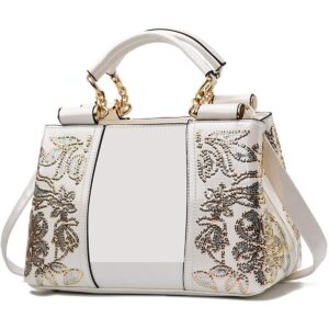 XingChen Women Patent Leather Fashion Handbags Double Sided Sequin Embroidery Shoulder Bag Top Handle Satchel Purse White