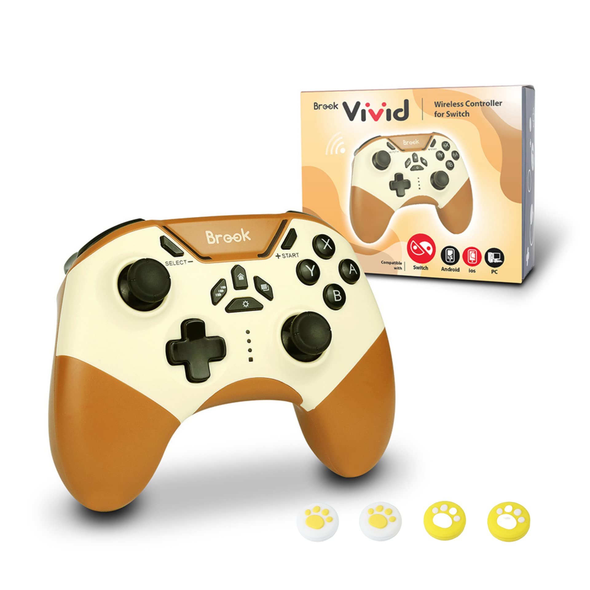 Brook Vivid Wireless Switch Controller with Thumb Grips Set, 6-Axis Gyro Bluetooth Controller For NS Switch/Lite/OLED and PC, Bluetooth Gaming Controller, For Animal Crossing (Sunshine)