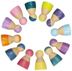 tekor toys (12 pcs) wooden pastel color peg dolls for toddlers | pretend play people figures for boys and girls | montessori | great for play time | solid smooth wood | pastel color