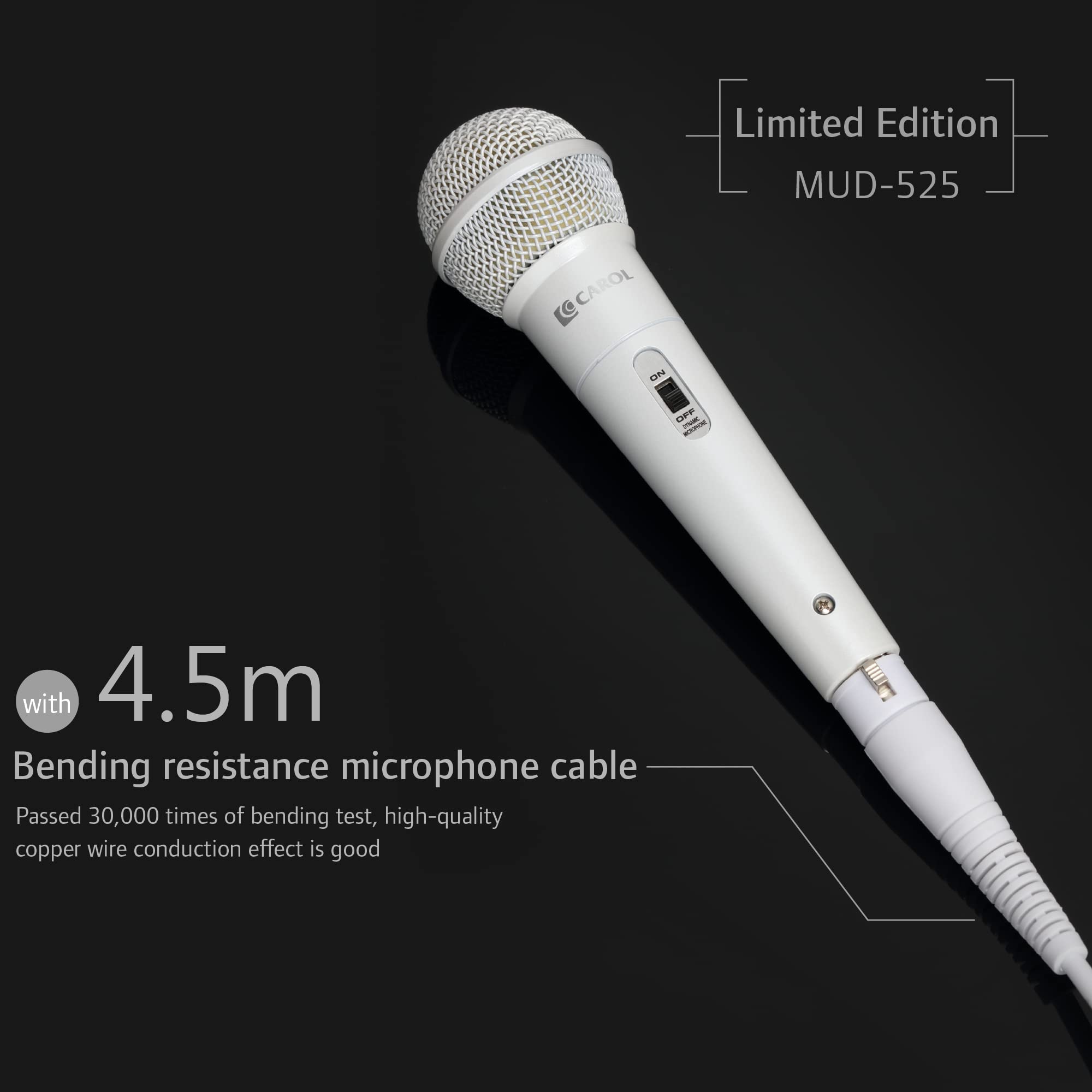 CAROL MUD-525 Cardioid Dynamic Microphone Vocal, White Microphone, for Conference and Campus Use, Teach, Singing, Stage Performance w/ 14.8ft XLR to 1/4"(6.35mm) Cable (White)