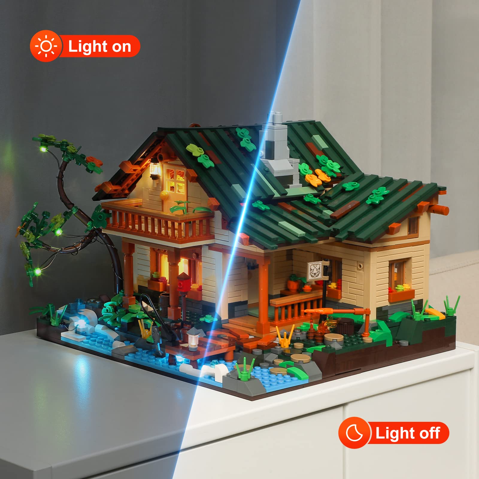 FUNWHOLE Lakeside-Lodge Building Set with LED Lights - Construction Building Model Set 1969 PCS for Teen and Adults with Lighting Kit