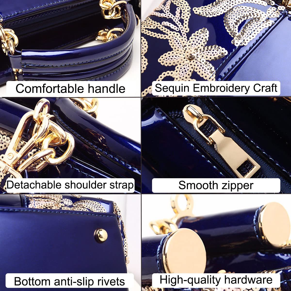 XingChen Women Patent Leather Fashion Handbags Double Sided Sequin Embroidery Shoulder Bag Top Handle Satchel Purse White