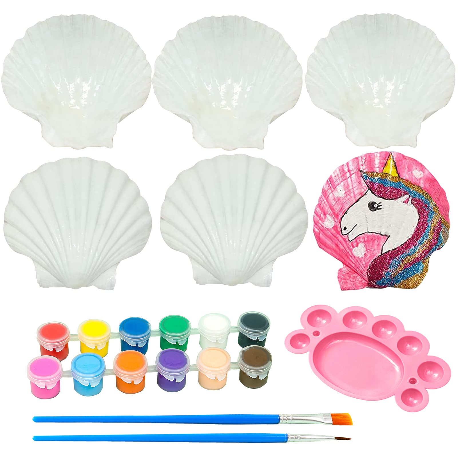 LUCKY BABY Seashells Painting Kit for Kids 16pcs, Arts and Crafts Kits for Girls Boys Age 6 7 8 9 10 11 12, Natural Sea Shells DIY Painting with Watercolor Paints and Brush 2.7-3.5 Inches