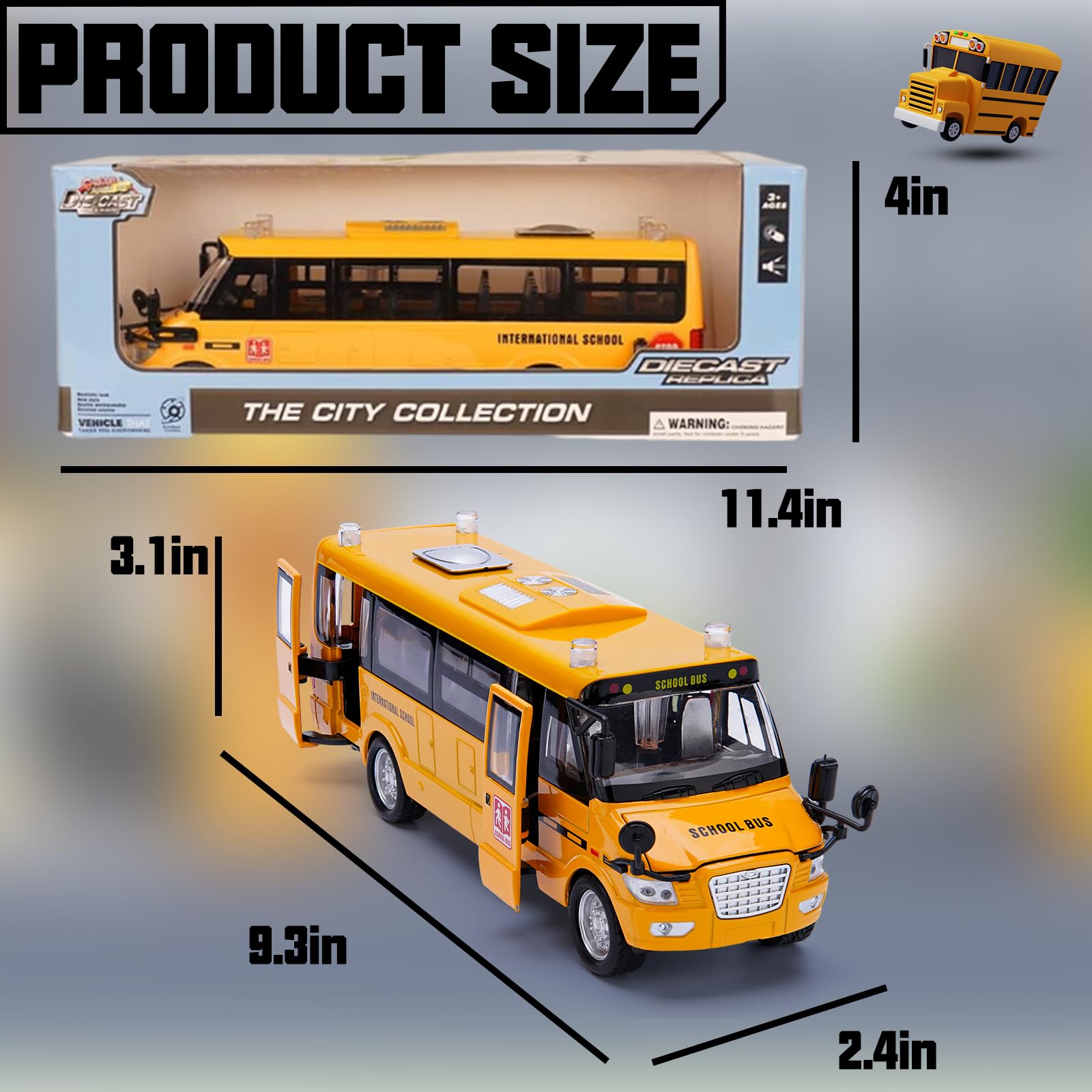 Crelloci School Bus Toy, Die Cast Pull Back 9'' Model Cars, with Lights & Sounds, Openable Doors, Large Yellow Metal Toy Vehicles, Play Bus for Boys Girls Kids Toddlers Ages 3+