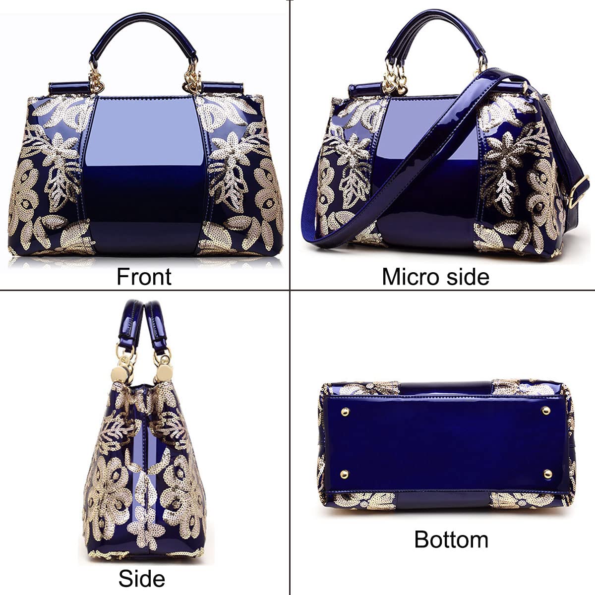 XingChen Women Patent Leather Fashion Handbags Double Sided Sequin Embroidery Shoulder Bag Top Handle Satchel Purse White