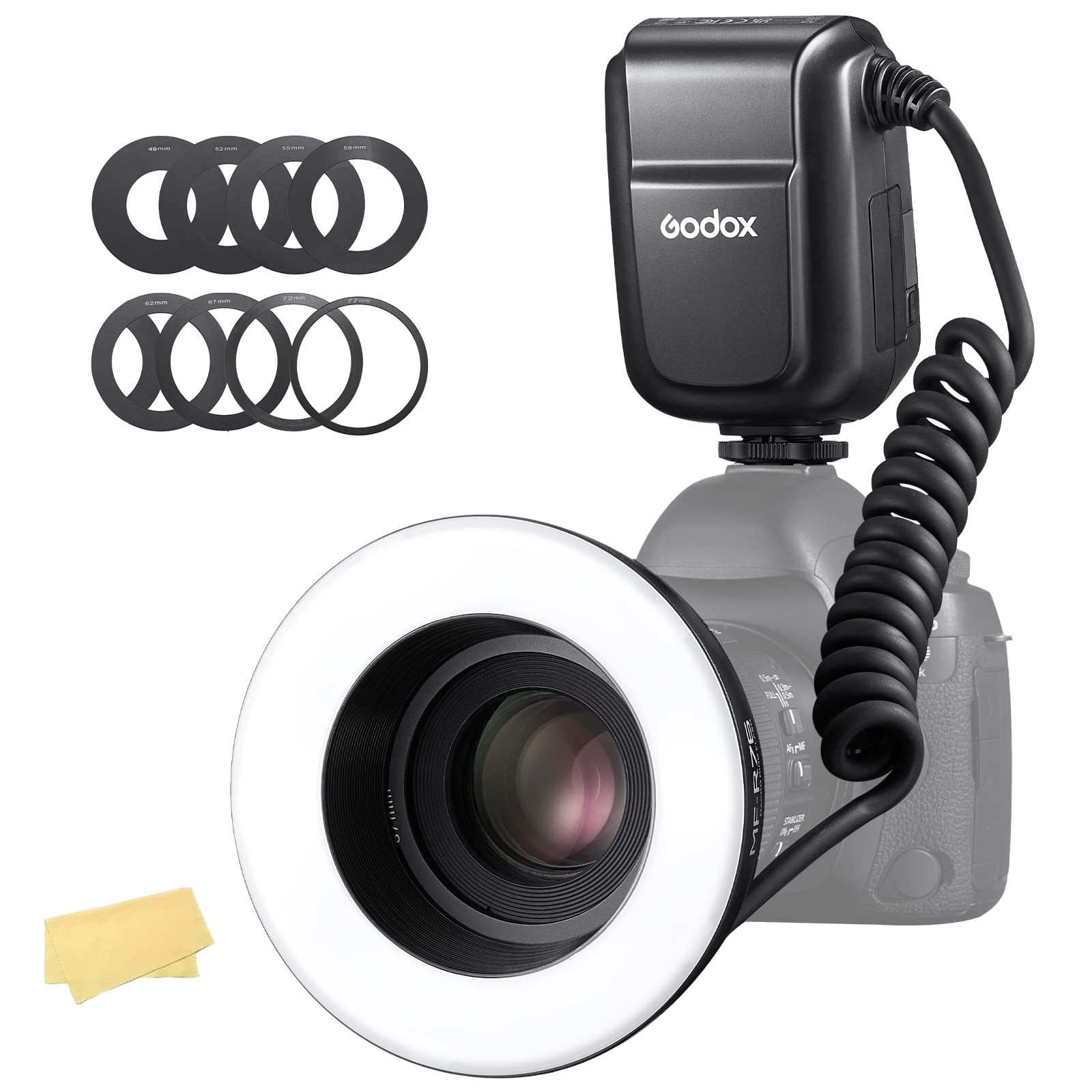 Godox MF-R76 Macro LED Ring Flash Light,76Ws Speedlite Dual-Flash Tubes with 2600mAh Li-ion Battery& 8pcs Adapter Rings Compatible for Canon Nikon Pentax Olympas Fuji Cameras and Most of The Lenses