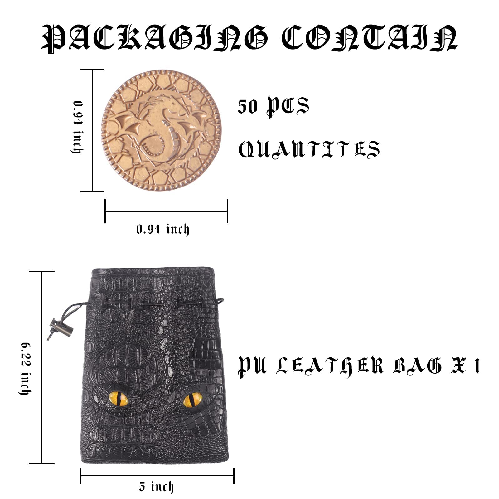 50 PCS Metal Dnd Coins with PU Leather Bag, Fantasy Gold Coins for Board Games, Game Tokens for Tabletop Rpg Games, Black Dragon Bag D and D Coins Collection, Mid-century Retro Gaming Accessories