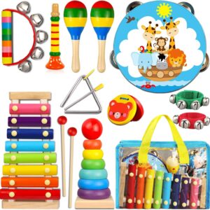 LOOIKOOS Toddler Musical Instruments,Wooden Percussion Instruments for Baby Kids Preschool Educational Musical Toys Set Boys and Girls with Carrying Bag