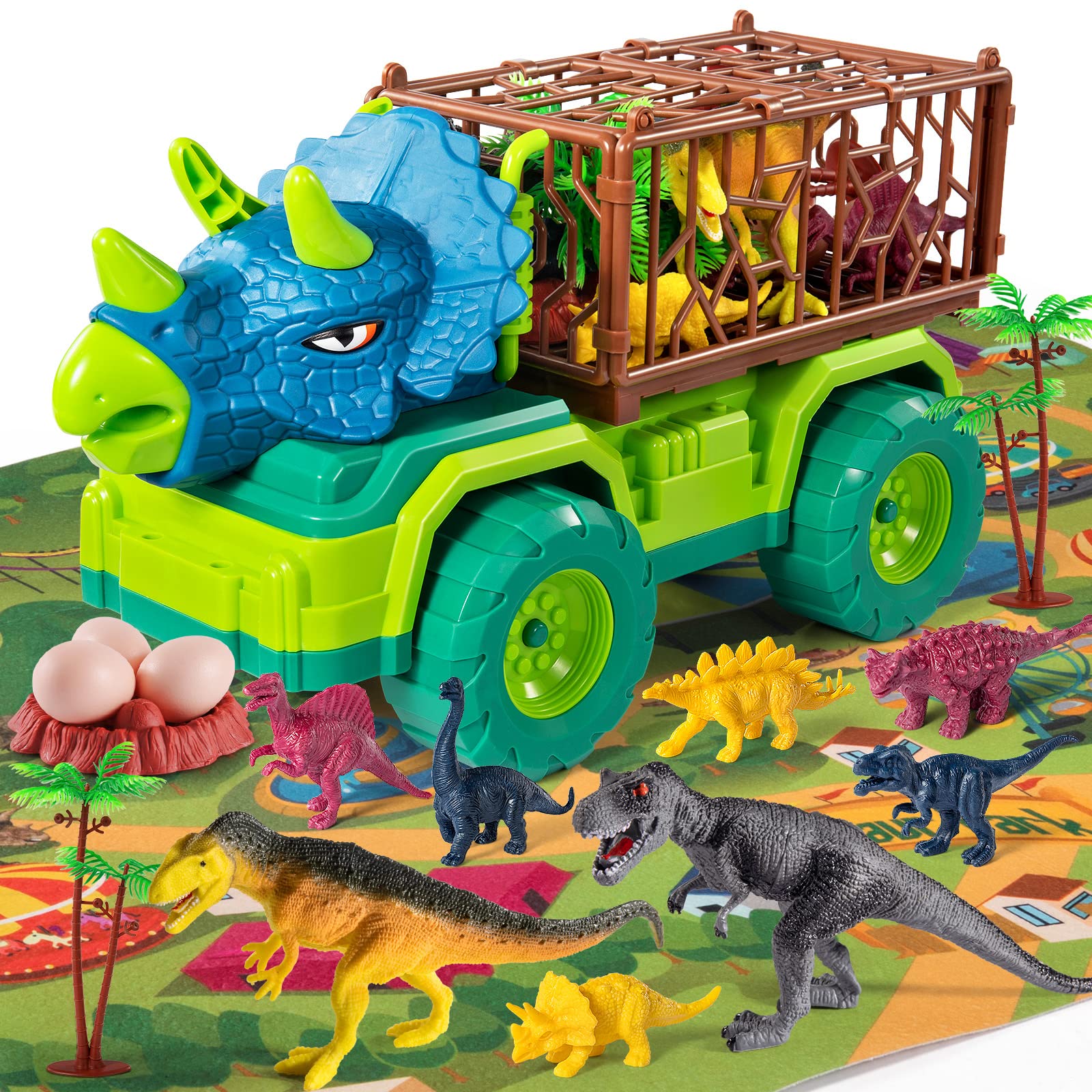 MAGICDINOSAUR Triceratops Dinosaur Truck Toy for Kids 3+ Years, Large Vehicle Carrier Car Toys, Monster Truck with Cage, Dino Eggs, Jurassic Dino Figures and Play Mat, Gift for Boys