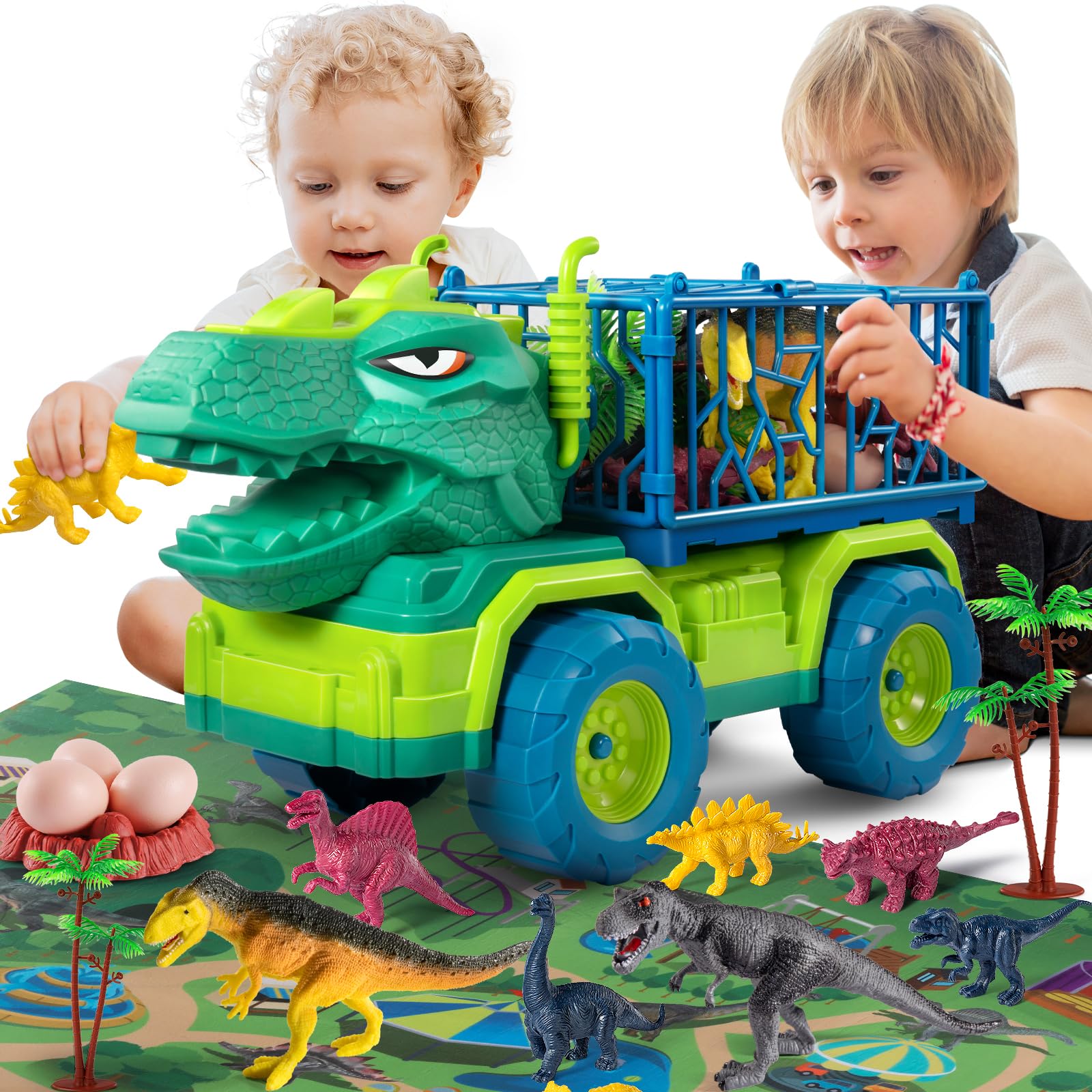 MAGICDINOSAUR Dinosaur Transport Truck for Kids 3-5, T-rex Vehicle Carrier Car Toys for Boys 3 4 5 6 7 Years Old, Truck Toy with Dino Figures & Play Mat, Gift for Toddlers Boys Girls