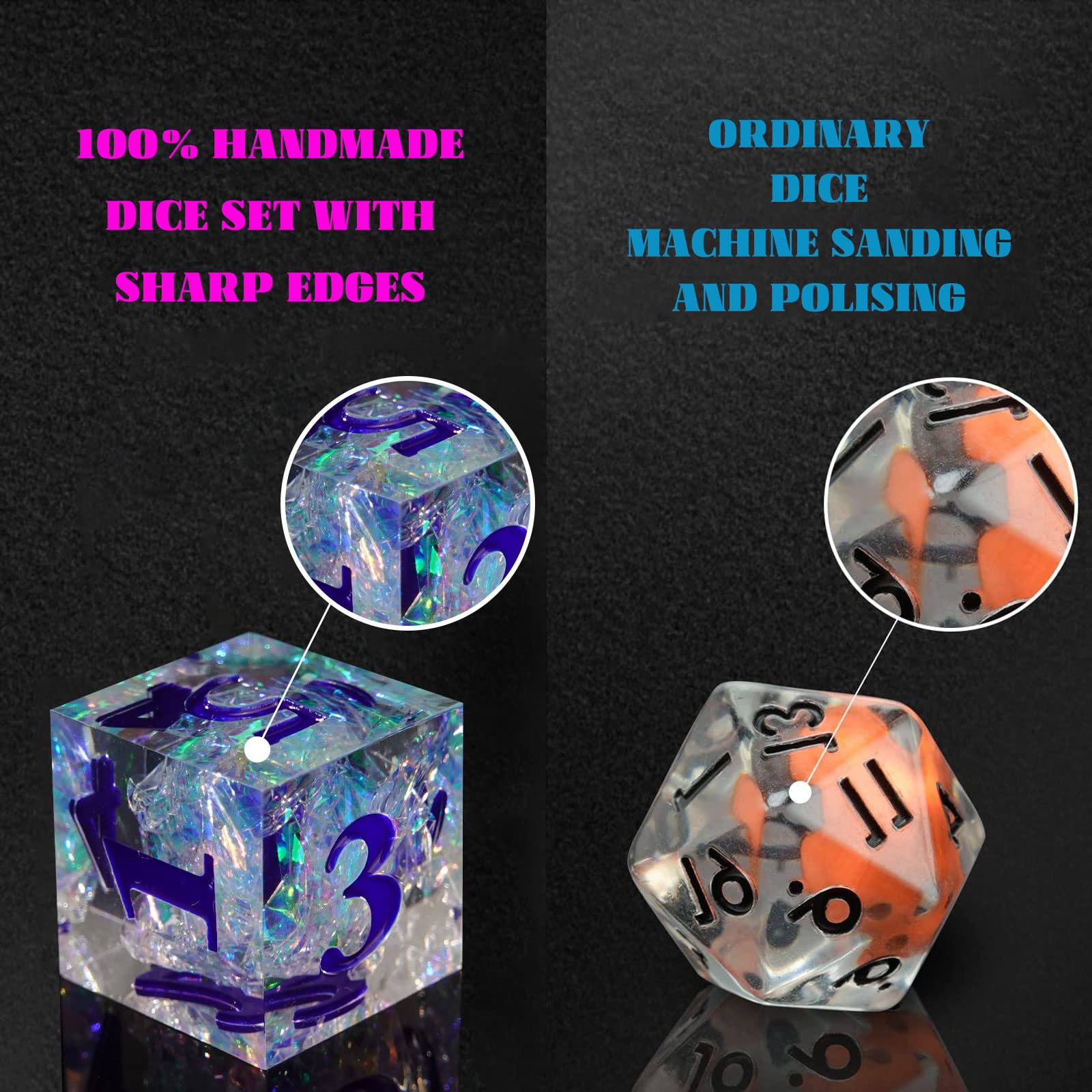 YEMOVAN Resin DND Dice Set RPG Sharp Edge Dice Handcrafted Polished Polyhedral Game Dice for Dungeons and Dragons 7PC