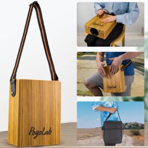 POGOLAB Travel Cajon Drum, Portable Adjustable Tone Thick Wooden Cajon with Adjustable Strap & Storage Bag, Musical Hand Drum with Guitar Steel Strings, Compact Size Percussion Instrument Kit