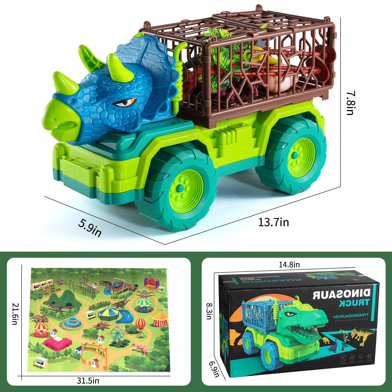 MAGICDINOSAUR Triceratops Dinosaur Truck Toy for Kids 3+ Years, Large Vehicle Carrier Car Toys, Monster Truck with Cage, Dino Eggs, Jurassic Dino Figures and Play Mat, Gift for Boys