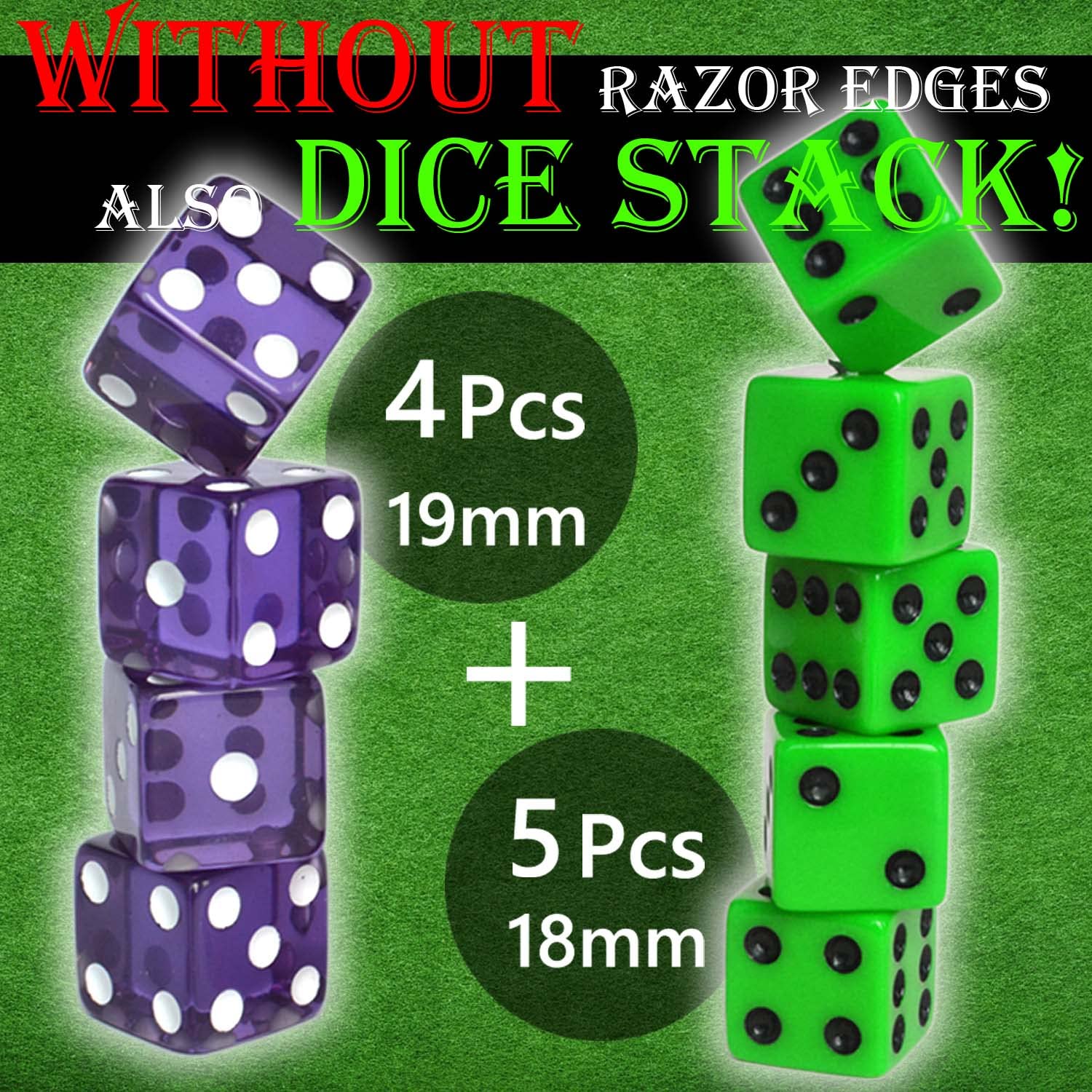 Dice Stacking Cup(Blue) Set with 4 Pcs 19mm(Purple) and 5 Pcs 18mm(Green) Standard 6 Sided Dices, with Storage Bag-Magic Tricks Instruction