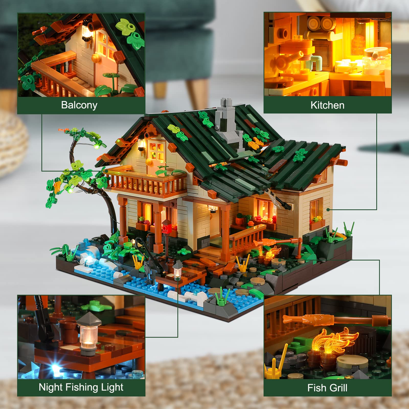 FUNWHOLE Lakeside-Lodge Building Set with LED Lights - Construction Building Model Set 1969 PCS for Teen and Adults with Lighting Kit