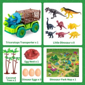 MAGICDINOSAUR Triceratops Dinosaur Truck Toy for Kids 3+ Years, Large Vehicle Carrier Car Toys, Monster Truck with Cage, Dino Eggs, Jurassic Dino Figures and Play Mat, Gift for Boys