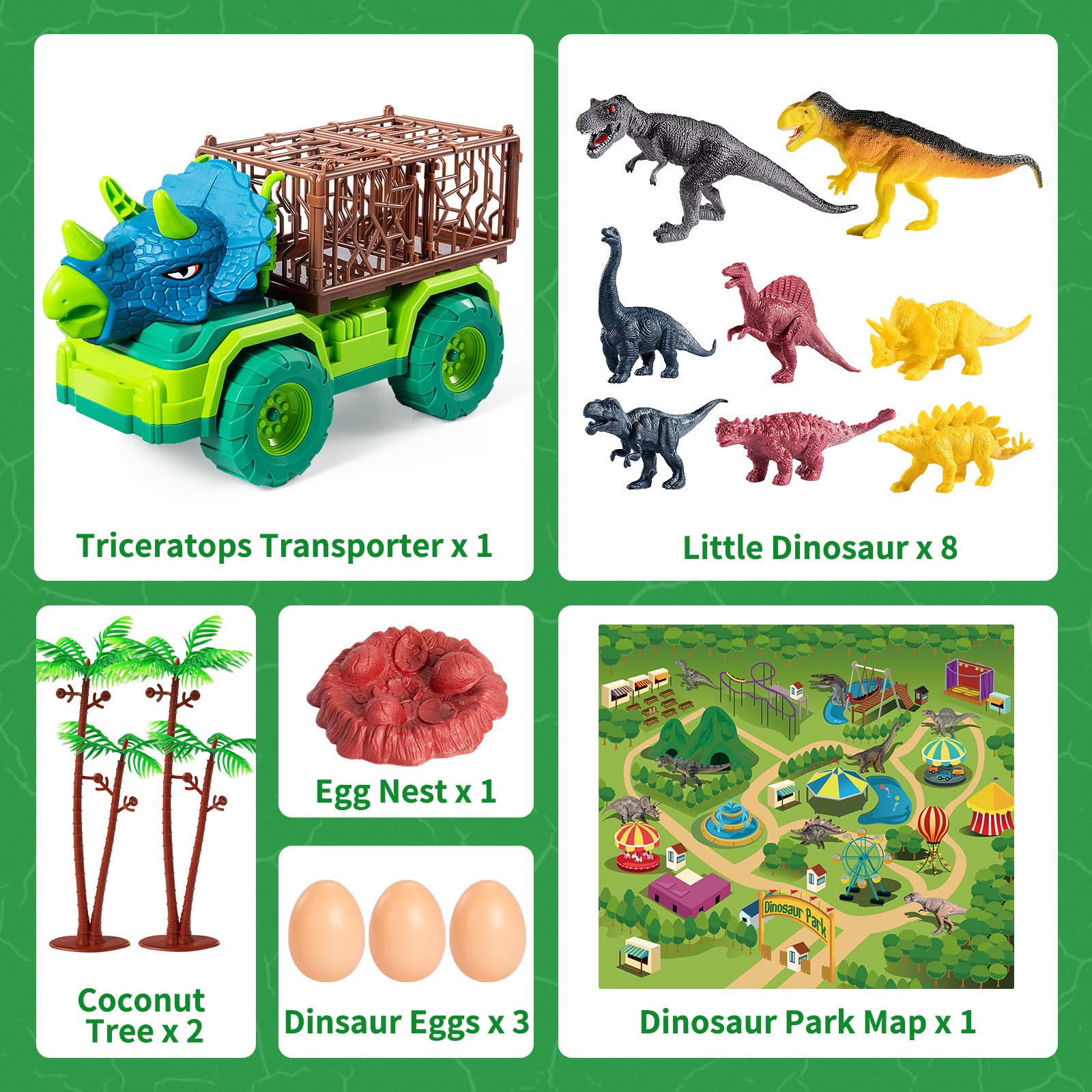 MAGICDINOSAUR Triceratops Dinosaur Truck Toy for Kids 3+ Years, Large Vehicle Carrier Car Toys, Monster Truck with Cage, Dino Eggs, Jurassic Dino Figures and Play Mat, Gift for Boys