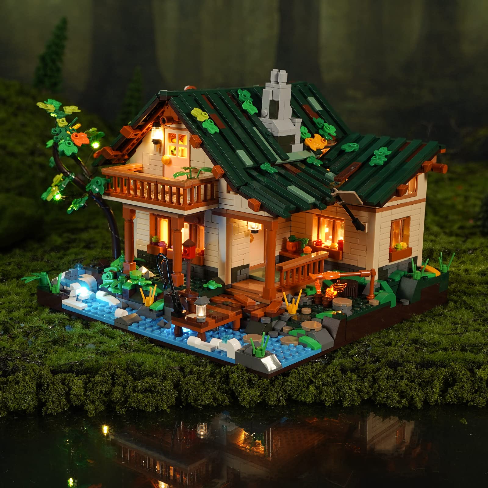 FUNWHOLE Lakeside-Lodge Building Set with LED Lights - Construction Building Model Set 1969 PCS for Teen and Adults with Lighting Kit