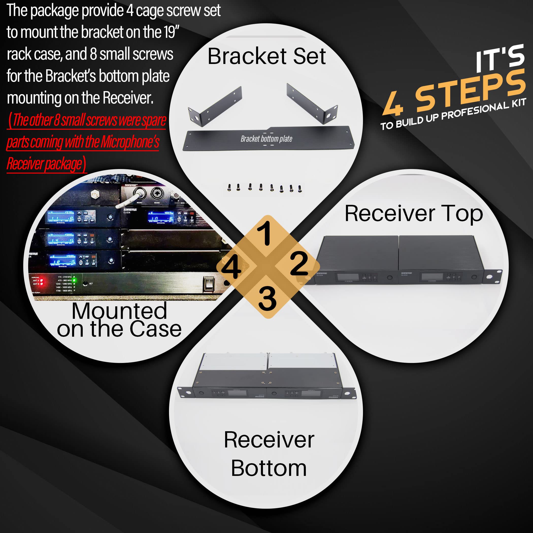 RK Rackmount Bracket Kit fit for QLXD4 Dual (2) Receivers Wireless System Mount on 1U Standard 19'' Rack Distribution