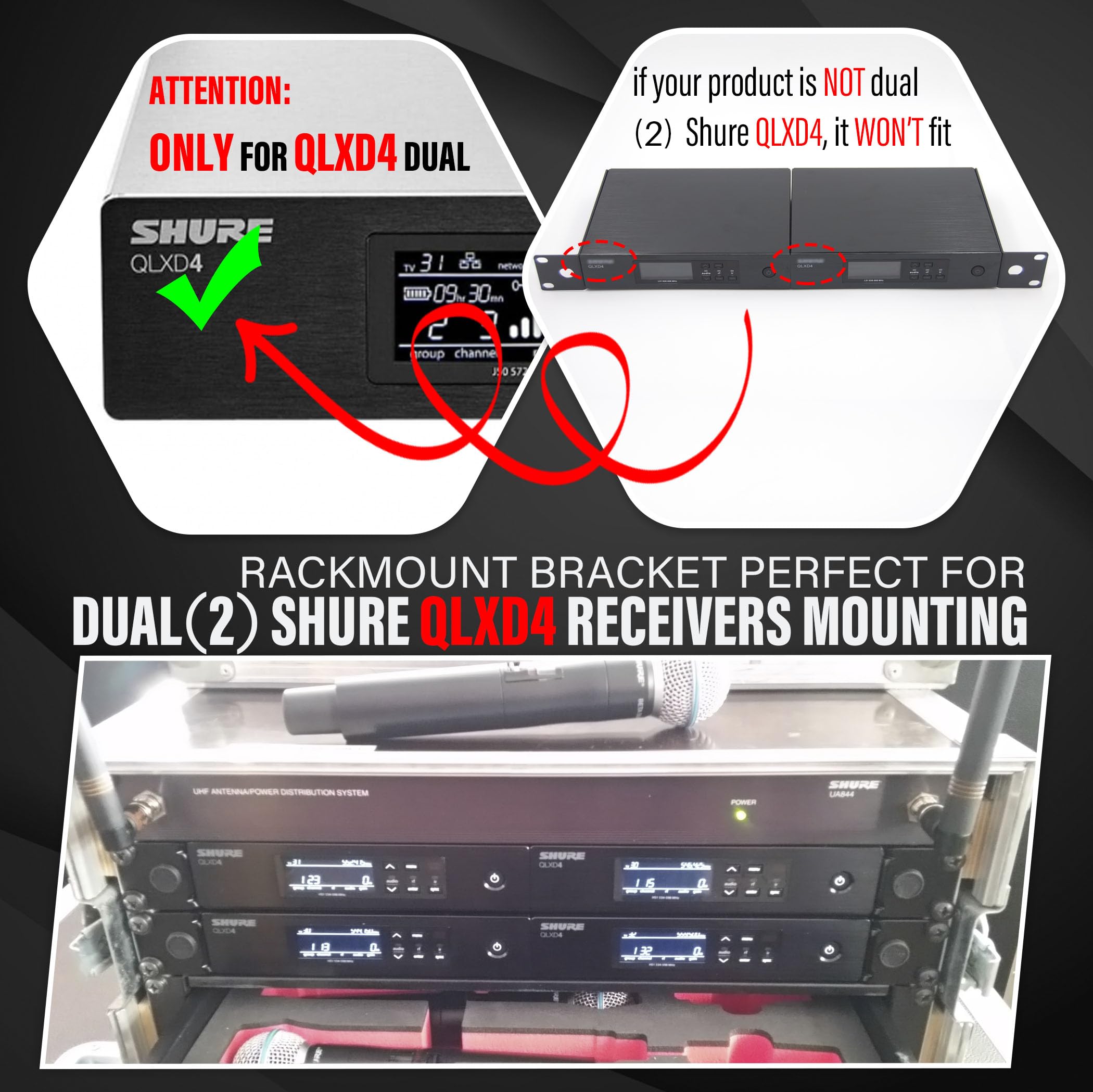 RK Rackmount Bracket Kit fit for QLXD4 Dual (2) Receivers Wireless System Mount on 1U Standard 19'' Rack Distribution