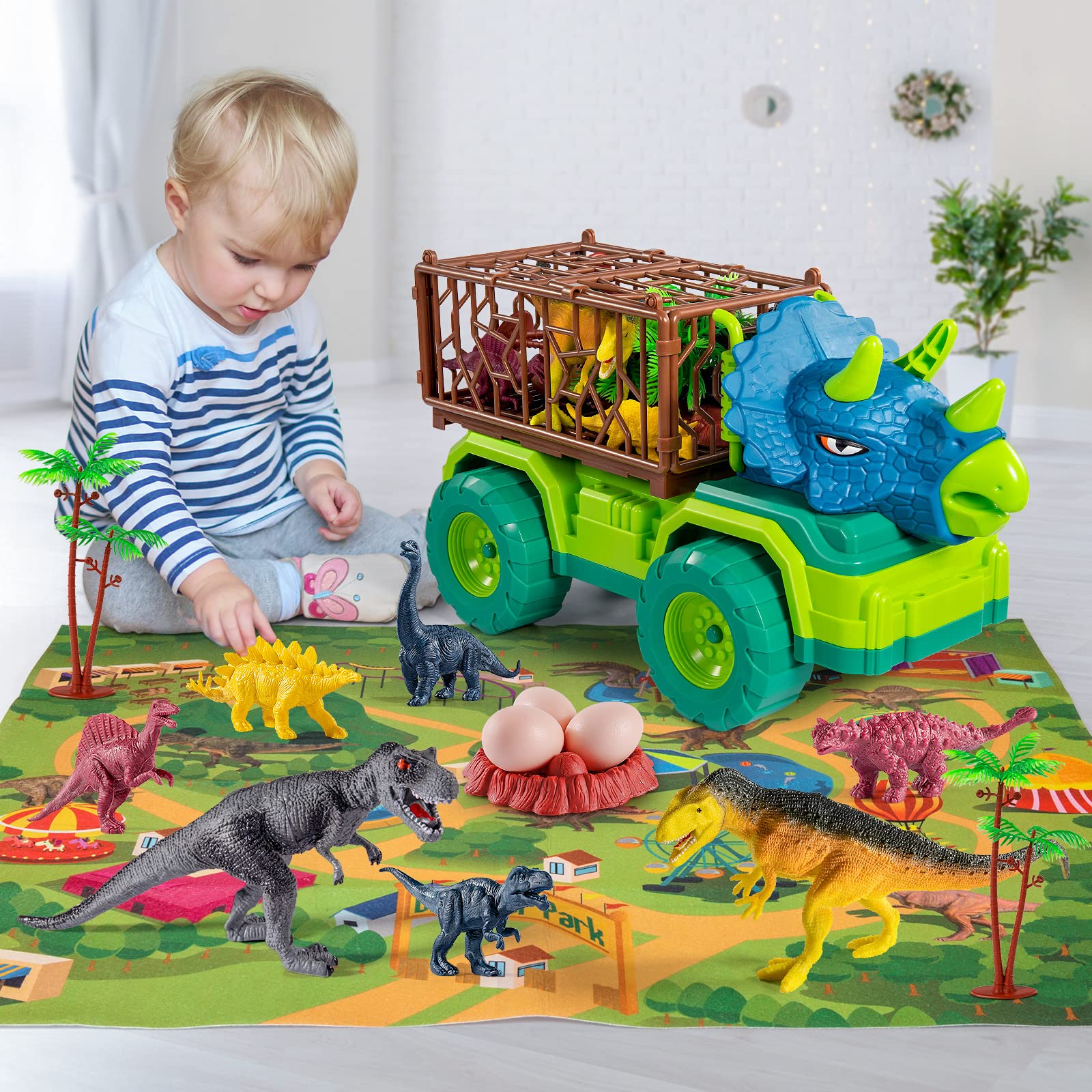 MAGICDINOSAUR Triceratops Dinosaur Truck Toy for Kids 3+ Years, Large Vehicle Carrier Car Toys, Monster Truck with Cage, Dino Eggs, Jurassic Dino Figures and Play Mat, Gift for Boys