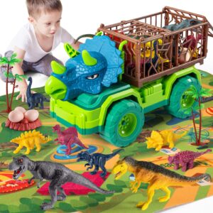 MAGICDINOSAUR Triceratops Dinosaur Truck Toy for Kids 3+ Years, Large Vehicle Carrier Car Toys, Monster Truck with Cage, Dino Eggs, Jurassic Dino Figures and Play Mat, Gift for Boys