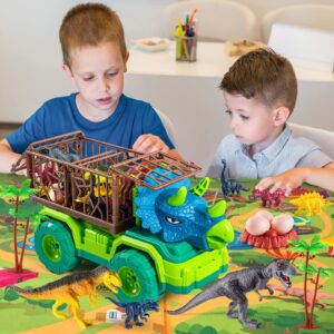 MAGICDINOSAUR Triceratops Dinosaur Truck Toy for Kids 3+ Years, Large Vehicle Carrier Car Toys, Monster Truck with Cage, Dino Eggs, Jurassic Dino Figures and Play Mat, Gift for Boys