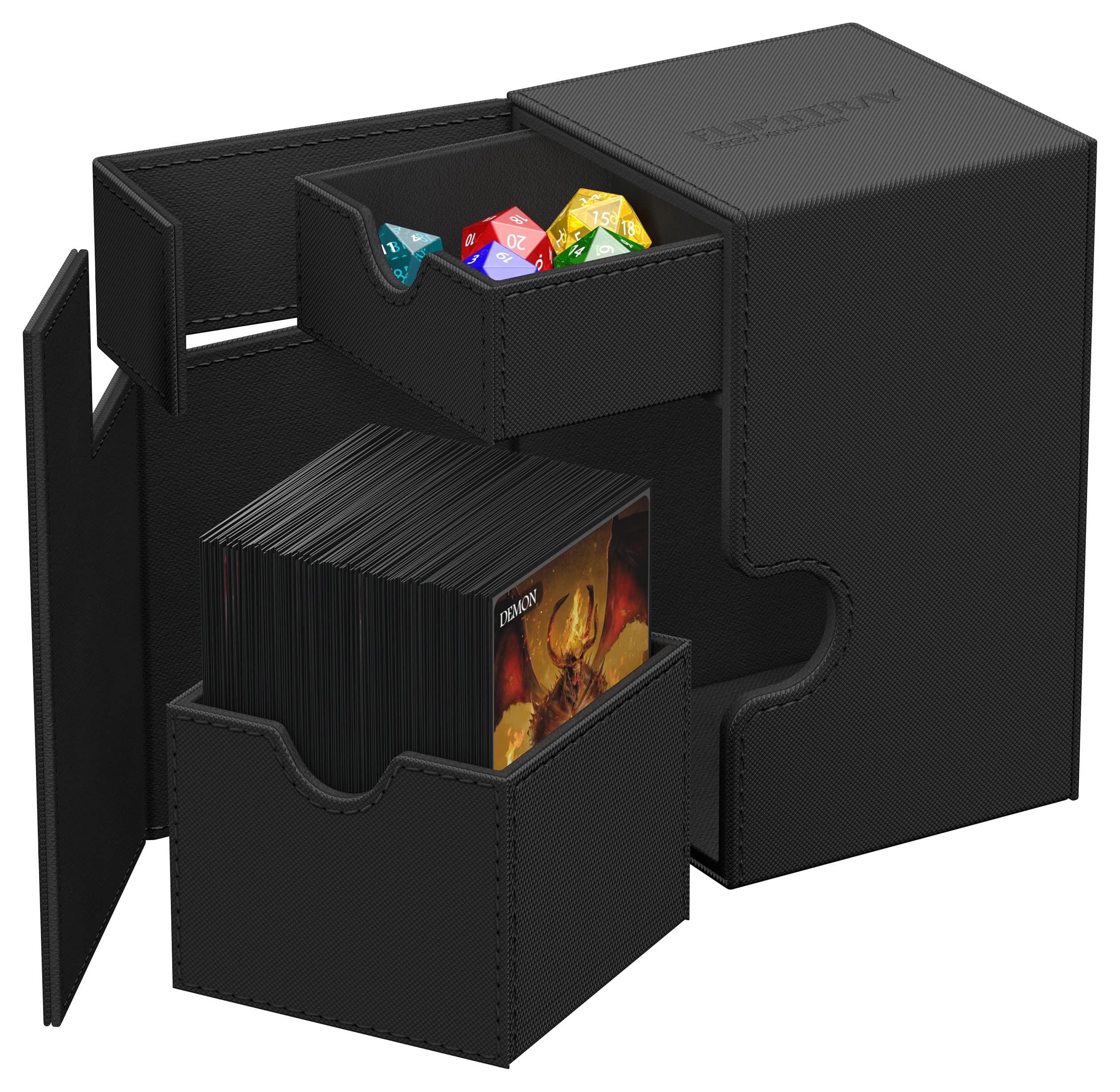 Ultimate Guard Flip 'n' Tray 100+, Deck Case for 100 Double-Sleeved TCG Cards + Dice Tray, Black, Independent Magnetic Closure & Microfiber Lining