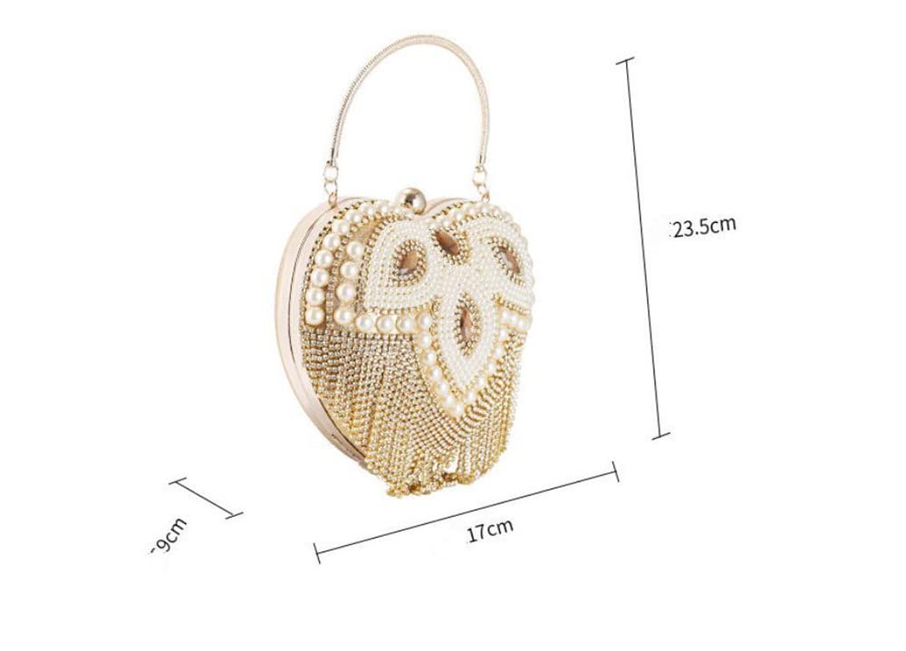 WANLIAN Women Luxury Cute Heart Shape Tassel Evening Clutch Bag Rhinestones Wedding Party Purse Handbag With Earrings Necklace(Gold7)