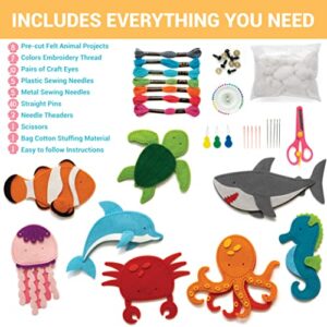 Craftorama Sewing Kit for Kids, Fun and Educational Sea Animal Craft Set for Boys and Girls Age 7-12, Sew Your Own Felt Animals Craft Kit for Beginners, 165 Piece Set