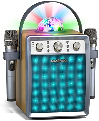 MASINGO Karaoke Machine for Adults and Kids with 2 Wireless Microphones, Portable Singing PA Speaker System Set with 2 Bluetooth Mics, Disco Ball Party Lights & TV Cable, Ostinato M7