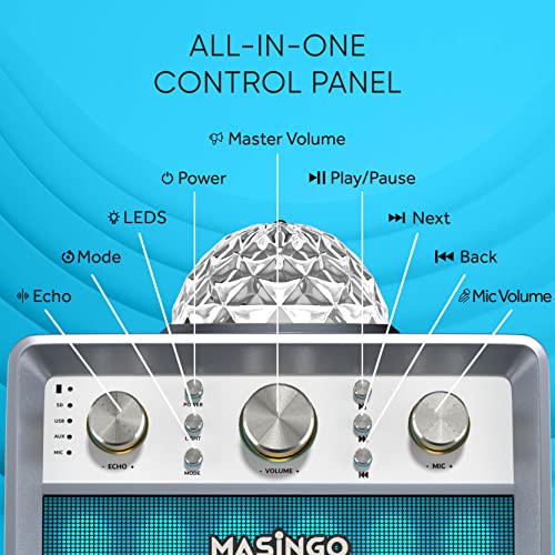 MASINGO Karaoke Machine for Adults and Kids with 2 Wireless Microphones, Portable Singing PA Speaker System Set with 2 Bluetooth Mics, Disco Ball Party Lights & TV Cable, Ostinato M7