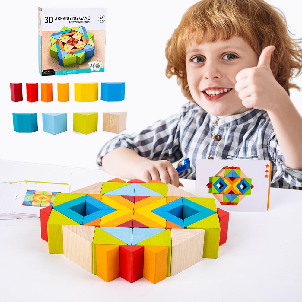 YLTTZH 48 Pcs Babies Large Wooden Building Blocks Toys,Stacking Rainbow Wood Block Sets,Jigsaw Puzzles Stacker Toys,Learning Education Montessori Building Toys for Kids Toddlers Babies Toys Age 3-8