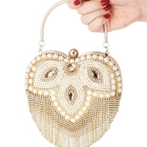 WANLIAN Women Luxury Cute Heart Shape Tassel Evening Clutch Bag Rhinestones Wedding Party Purse Handbag With Earrings Necklace(Gold7)