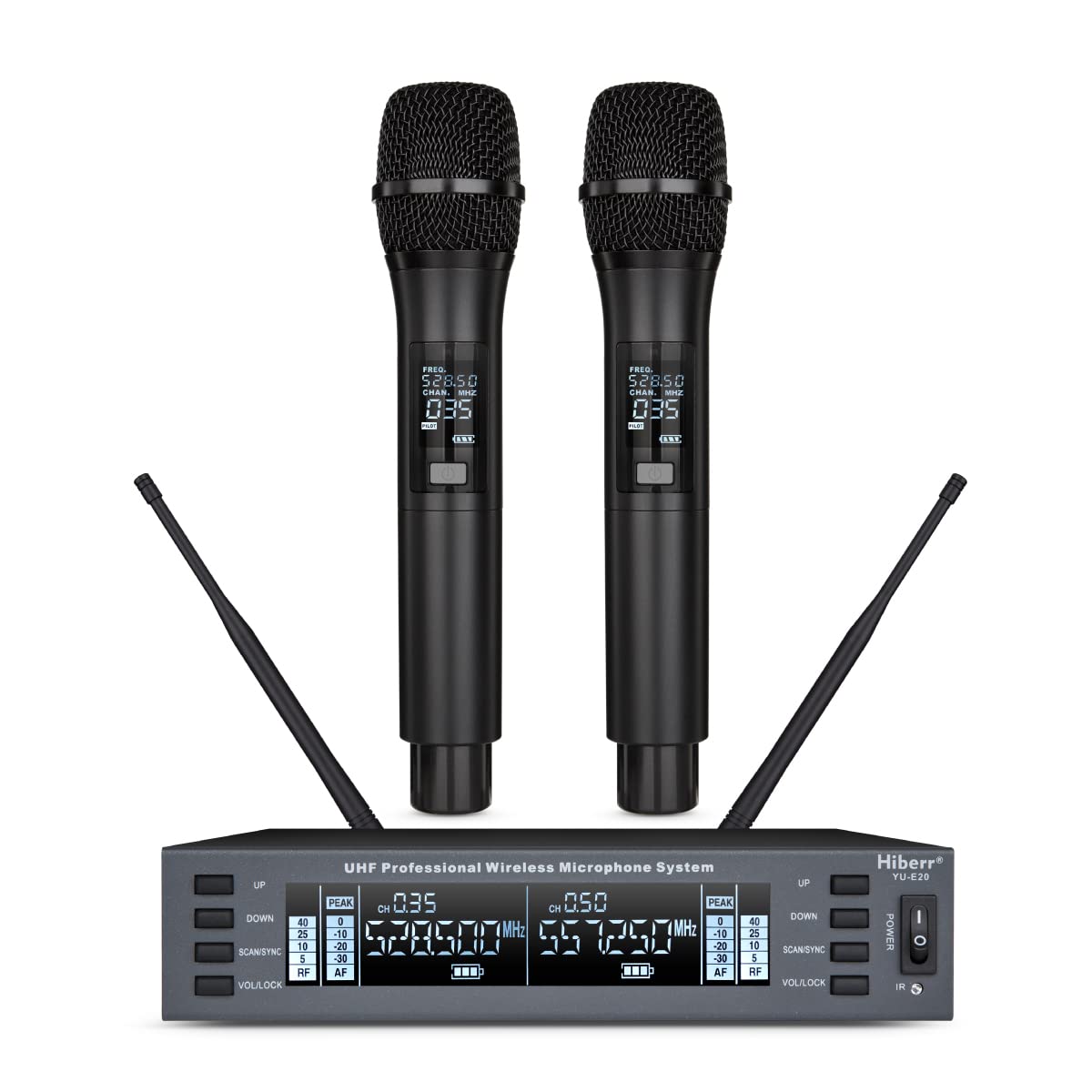 Hiberr Vocal Wireless Microphone, Dual Channel UHF Wireless Mic 2x60 Adjustable Frequencies, Microphone Wireless Distance 300Ft Range, for Singing, Small Concerts, DJ Performances(YU-E20) (YU-E20H)