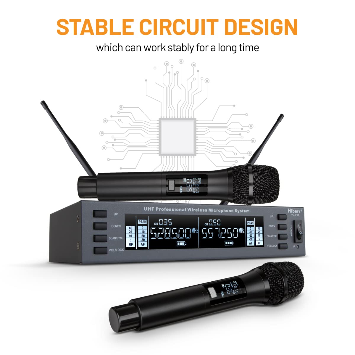 Hiberr Vocal Wireless Microphone, Dual Channel UHF Wireless Mic 2x60 Adjustable Frequencies, Microphone Wireless Distance 300Ft Range, for Singing, Small Concerts, DJ Performances(YU-E20) (YU-E20H)