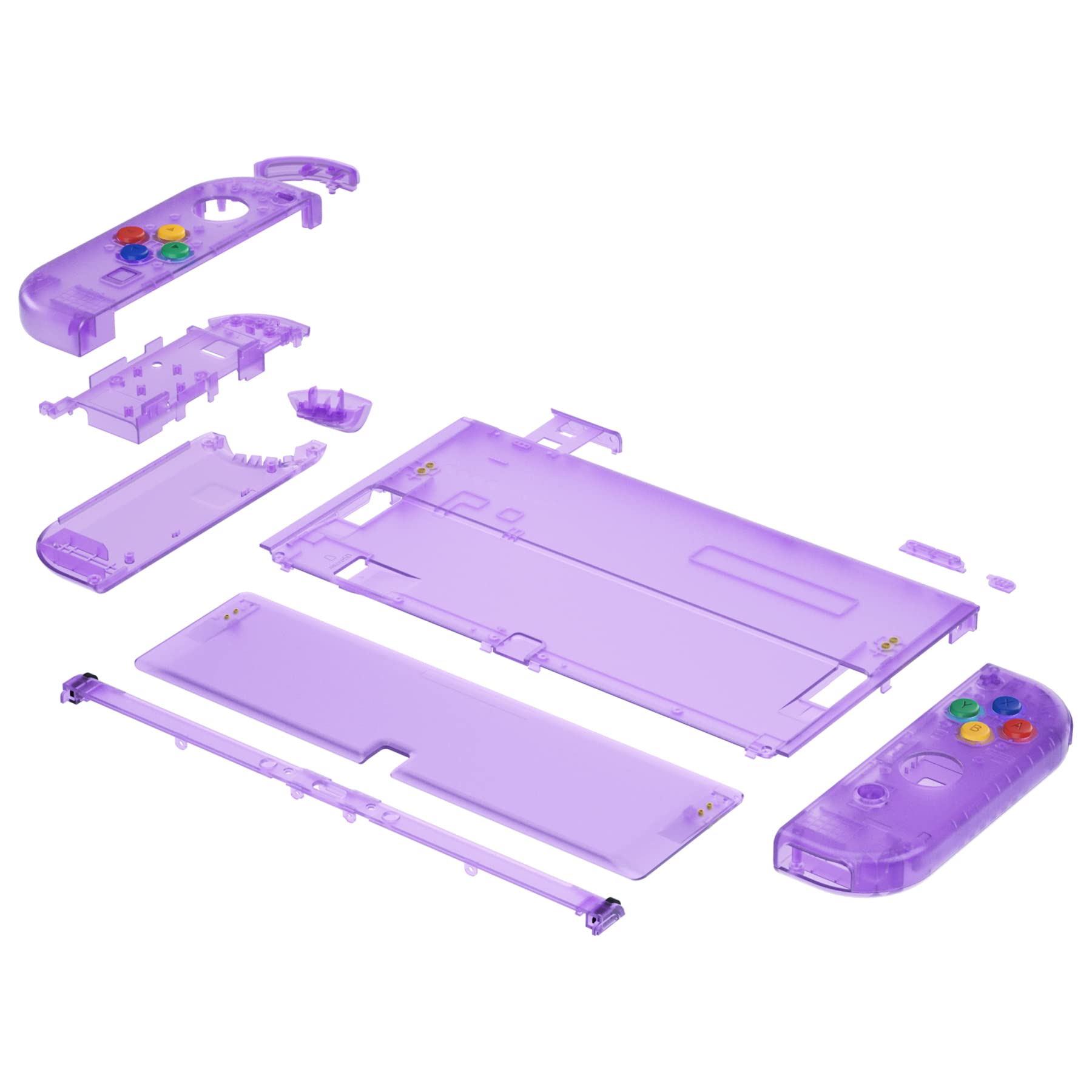 eXtremeRate DIY Full Set Shell for Nintendo Switch OLED, Replacement Console Back Plate & Kickstand, Custom NS Controller Housing with Full Set Buttons for Nintendo Switch OLED - Clear Atomic Purple