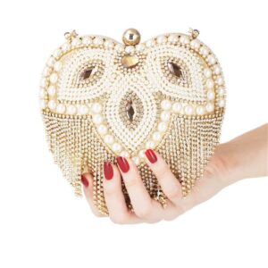 WANLIAN Women Luxury Cute Heart Shape Tassel Evening Clutch Bag Rhinestones Wedding Party Purse Handbag With Earrings Necklace(Gold7)