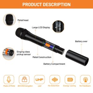 Hiberr Vocal Wireless Microphone, Dual Channel UHF Wireless Mic 2x60 Adjustable Frequencies, Microphone Wireless Distance 300Ft Range, for Singing, Small Concerts, DJ Performances(YU-E20) (YU-E20H)