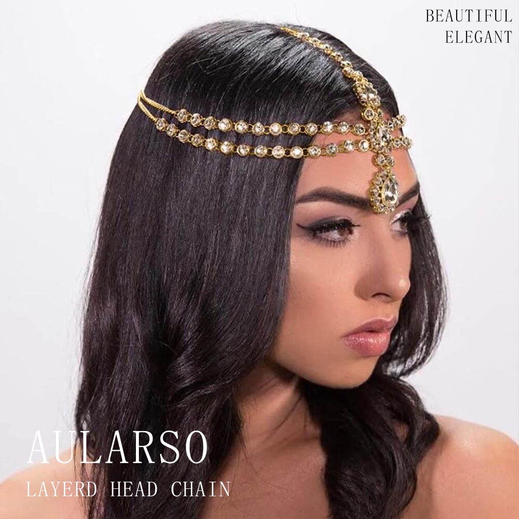 Aularso Layered Head Chain Rhinestone Head Jewelry Gold Wedding Headbands Chain Crystal Fprehead Headpieces for Women (Gold)