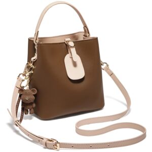 FOXLOVER Women's Small Split Leather Bucket Bag Lady Handbag Stylish Hobo Female Bag Purse (Brown)