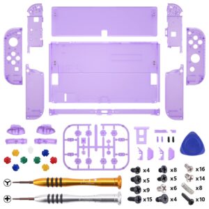 eXtremeRate DIY Full Set Shell for Nintendo Switch OLED, Replacement Console Back Plate & Kickstand, Custom NS Controller Housing with Full Set Buttons for Nintendo Switch OLED - Clear Atomic Purple