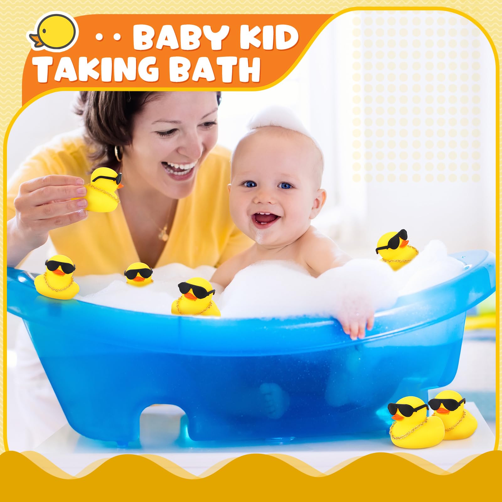 18 Pcs Mini Rubber Ducks Baby Shower Tiny Rubber Ducks Bulk with Sunglasses, Float Bath Toys Bathtub Duckies Mini Ducks for Shower Birthday Party Favors Carnival Gift (Yellow)