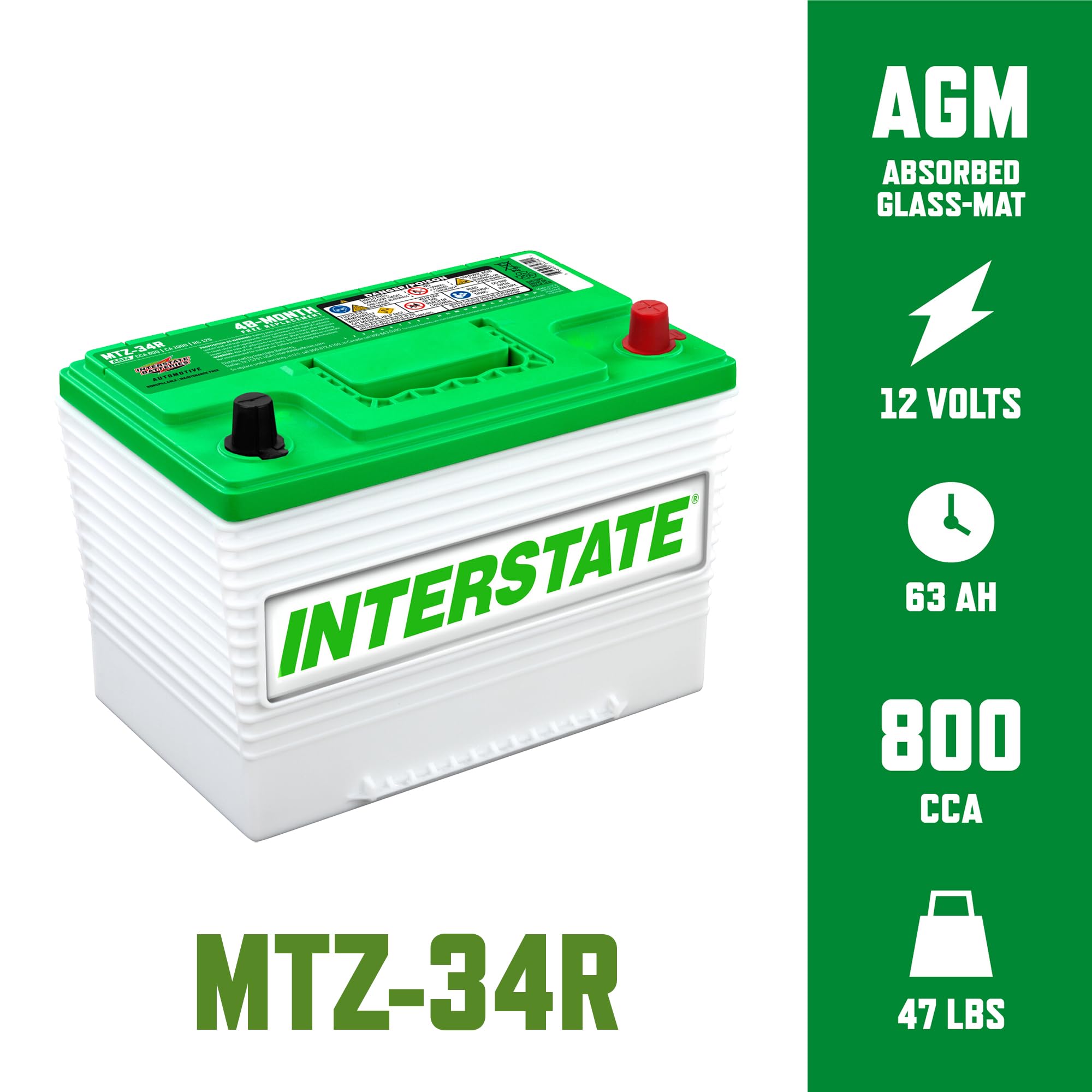 Interstate Batteries Automotive Battery 12V 63Ah (Group 34R) 800CCA SLI Pure Lead AGM Automobile Replacement Battery for Cars, Jeeps, SUVs, Trucks, Vans (MTZ-34R)